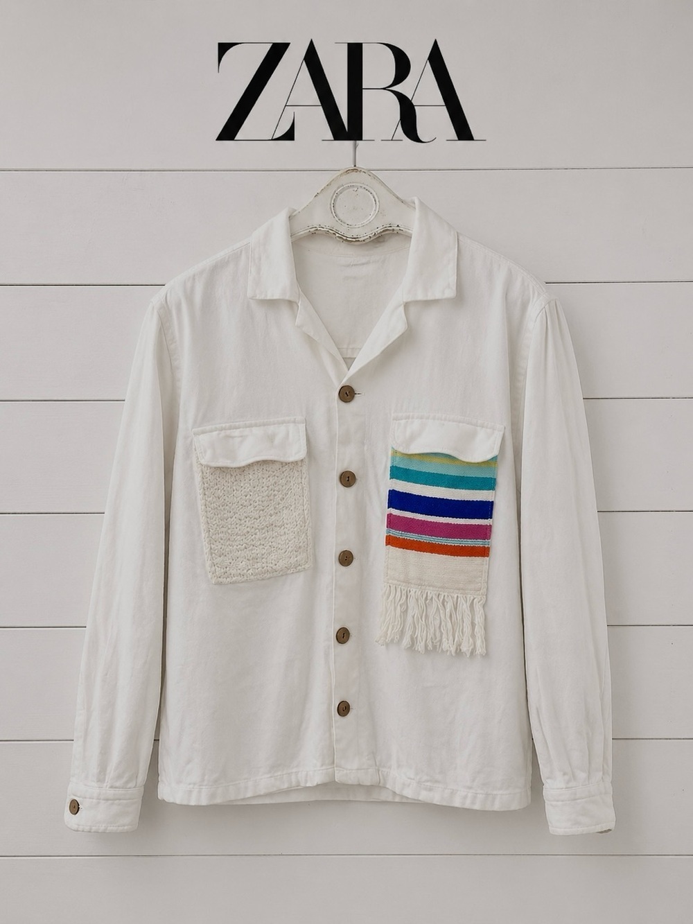 ZARA Shirt jacket L – White with Colorful Pocket unisex